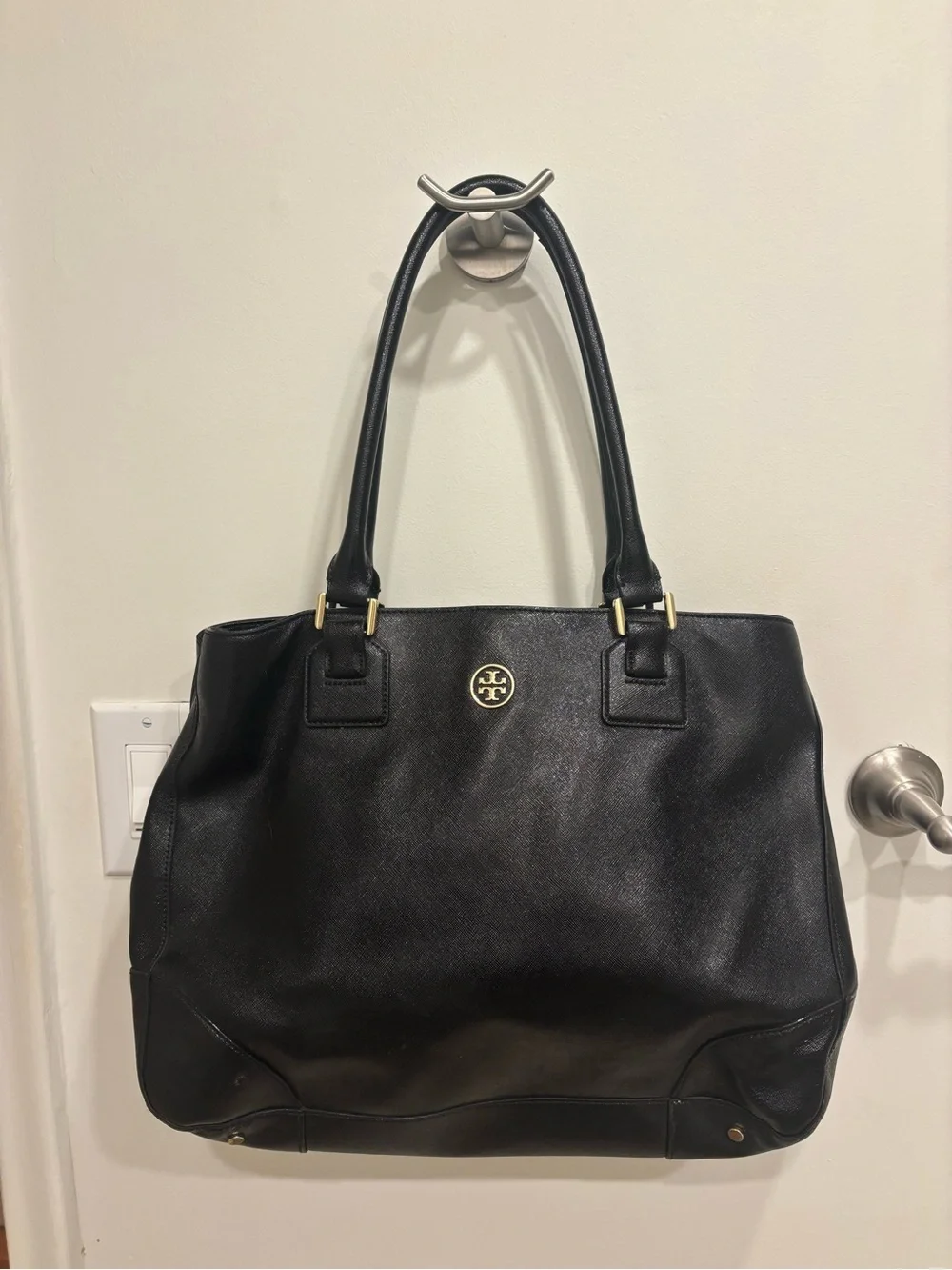 Tory Burch Black Leather Double-Handle Tote with Gold Logo